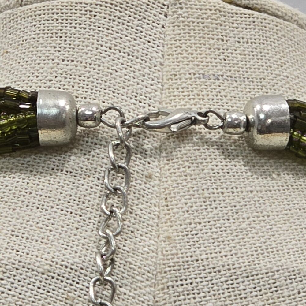 Green Seed Bead Multi Strand Silver Tone Enamel Pendant Necklace - Picture 11 of 13